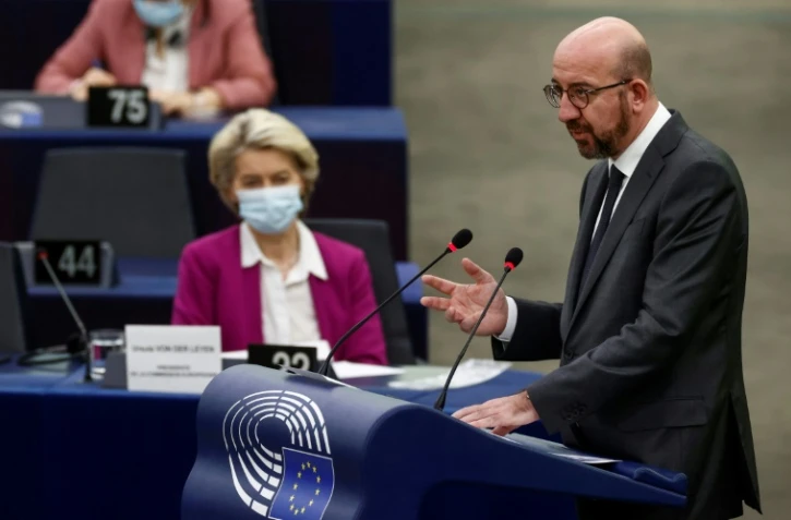 Le président du Conseil européen Charles Michel devant le Parlement européen à Strasbourg le 23 novembre 2021