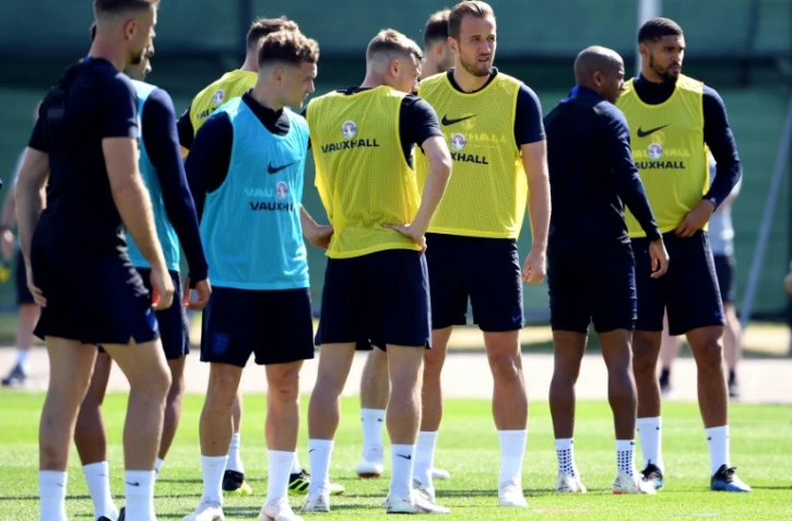 Harry Kane et les Anglais préparent leur match contre le Panama, lors d'un entraînement dans leur camp de base de Repino, le 23 juin 2018