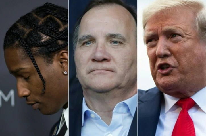 Combo créé le 25 juillet 2019 avec ASAP Rocky (G) à Los Angeles le 29 octobre 2016, le Premier ministre suédois Stefan Lofven (C) à Paris le 24 juin 2019 et le président américain Donald Trump (D) à Washington le 24 juillet 2019