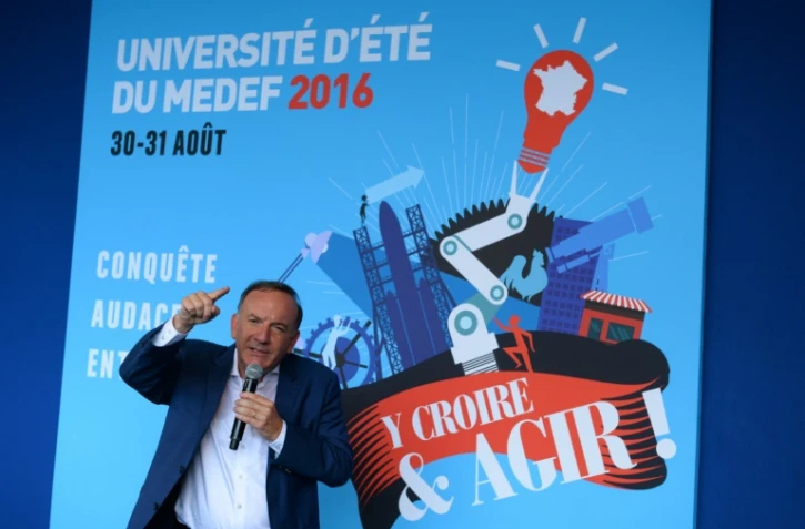 Pierre Gattaz, lors d'une conférence de presse, au premier jour de la 18e université d'été du Medef, le 30 août 2016 à Jouy-en-Josas