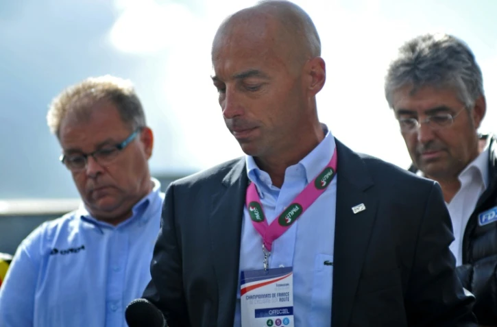 Pascal Chanteur, président du syndicat français des coureurs, lors d'un hommage aux cyclistes tués lors de courses, avant les Championnats de France sur route, à Chasseneuil-du-Poitou en 2014