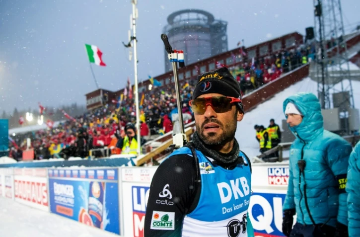 Le Français Simon Fourcade à l'arrivée du 20 km individuel des Mondiaux de biathlon, le 13 mars 2019 à Ostersund (Suède)