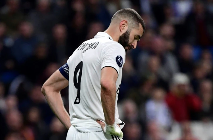 L'attaquant du joueur du Real Madrid Karim Benzema lors de la défaite 4-1 à domicile face à l'Ajax en 8e de finale de Ligue des champions le 5 mars 2019