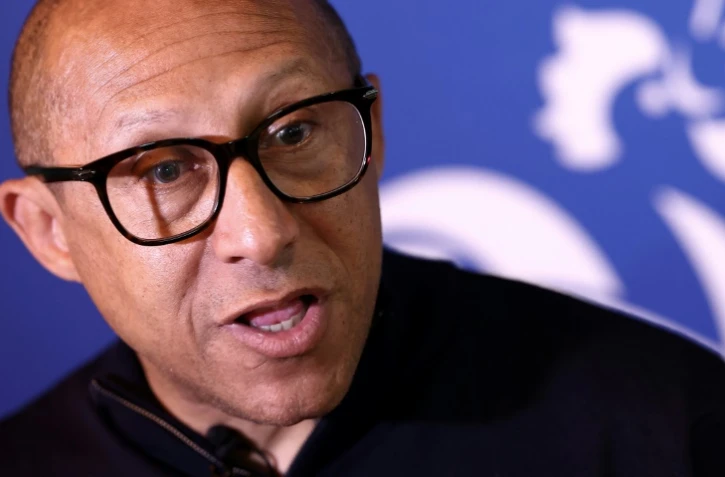 Le président de la Fédération française de football Philippe Diallo répond aux questions des journalistes de l'AFP, le 2 juillet 2024 à Paderborn (Allemagne), camp de base de l'équipe de France pendant l'Euro-2024