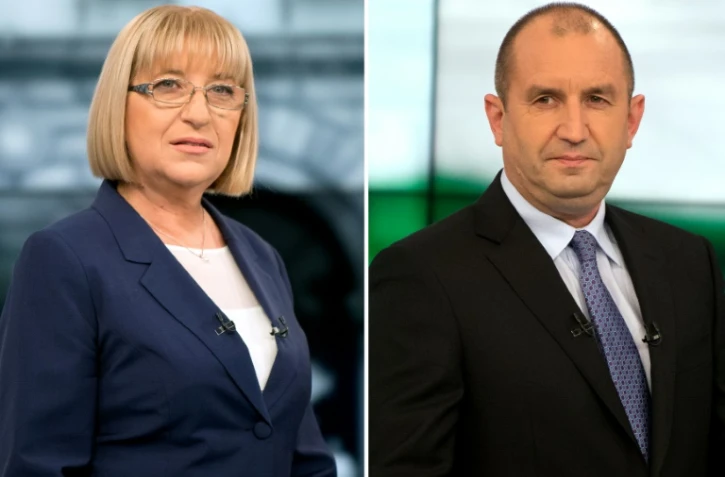 Photo montage datant du 10 novembre 2016 des deux candidats à la présidentielle en Bulgarie: Rumen Radev (d) candidat des socialistes et Tsetska Tsacheva, candidate du parti conservateur