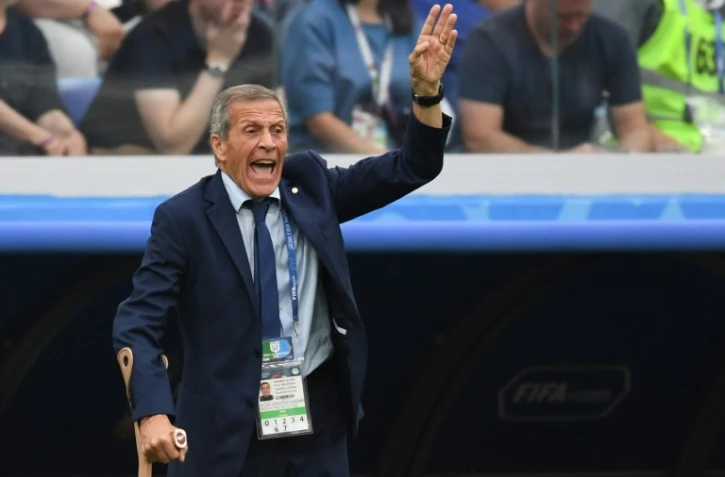 Le sélection de l'Uruguay Oscar Tabarez lors de la défaite face à la France en quarts de finale du Mondial le 6 juillet 2018