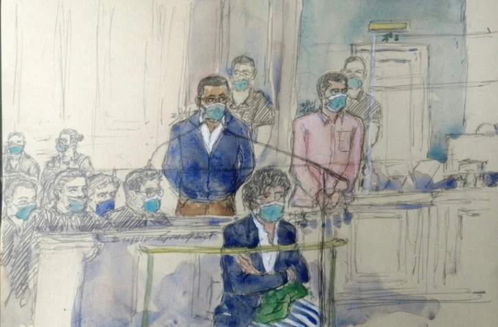 Croquis d'audience de Yacine Mihoub (g) et Alex Carrimbacus, au premier jour de leur procès pour le meurtre de Mireille Knoll, le 26 octobre 2021 à Paris