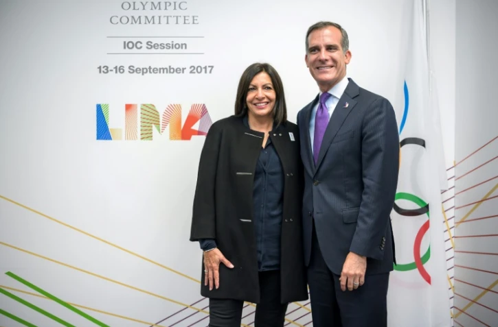 La maire de Paris, Anne Hidalgo et le maire de  Los Angeles Eric Garcetti le 11 septembre 2017 à Lima
