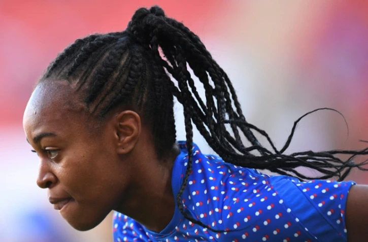 Marie-Antoinette Katoto à l'échauffement avec les Bleues avant d'affronter la Belgique lors du dernier Euro à Rotherham, le 14 juillet 2022