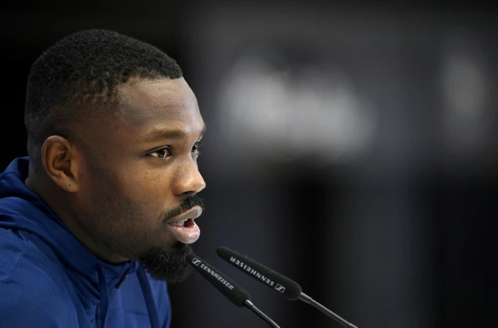 L'attaquant de l'équipe de France de football Markus Thuram, premier joueur des Bleus à prendre clairement position contre le Rassemblement national avant les législatives des 30 juine t 7 juillet, lors d'une conférence de presse à Doha, le 24 novembre 2022