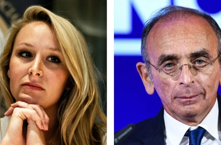 La femme politique d'extrême droite française Marion Maréchal (g) le 22 juin 2018 et le candidat de Reconquête! à la présidentielle française Eric Zemmour à Saint-Quentin, le 14 janvier 2022