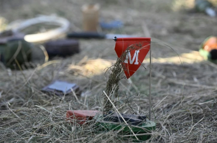 Une fausse mine antipersonnel lors d'un exercice militaire de déminage dans la région de Donetsk, le 6 décembre 2023 en Ukraine