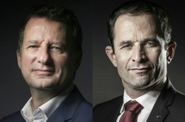 Combo du député européen EELV Yannick Jadot (G) le 12 septembre 2016 à Paris et du candidat socialiste à la présidentielle Benoit Hamon le 15 décembre 2016 à Paris