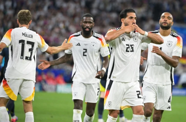 L'Allemand Emre Can (premier plan) vient d'inscrire le 5e but des siens contre l'Ecosse en match d'ouverture de l'Euro, le 14 juin 2024 à Munich