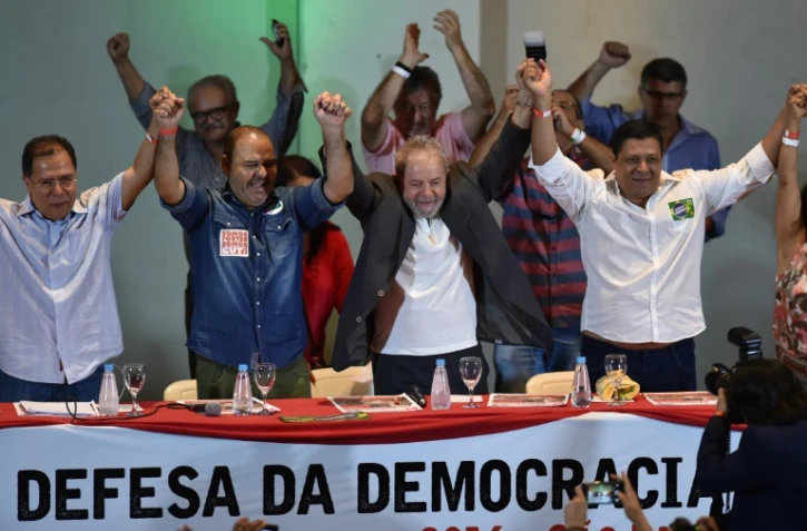 L'ex-président brésilien Luiz Inacio Lula da Silva lors d'une rencontre nationale avec des syndicalistes, le 23 mars 2016 à Sao Paulo
