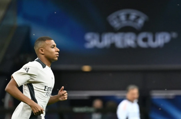La recrue du Real Madrid Kylian Mbappé lors d'un entraînement à la veille de la Supercoupe d'Europe contre l'Atalanta, le 13 août 2024 à Varsovie