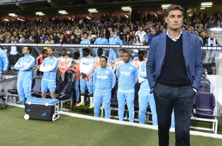 L'entraîneur de Marseille Michel (d) en L1 contre Toulouse au Stadium Municipal, le 23 septembre 2015