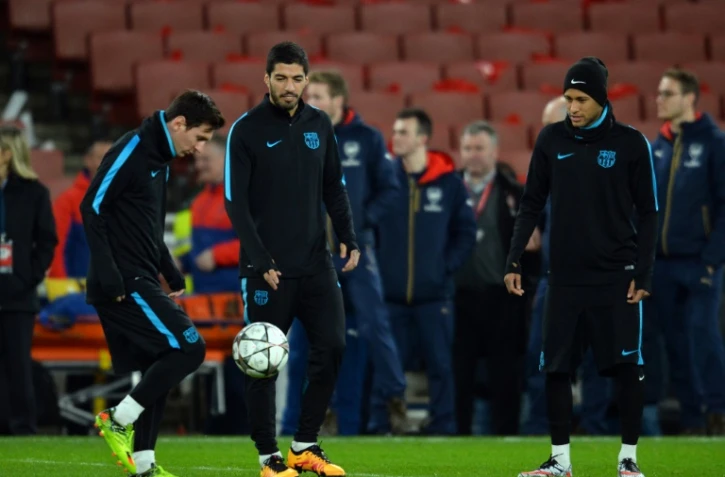 La "MSN", Lionel Messi, Luis Suarez, Neymar, à l'entraînement le 22 février 2016 à l'Emirates Stadium à Londres