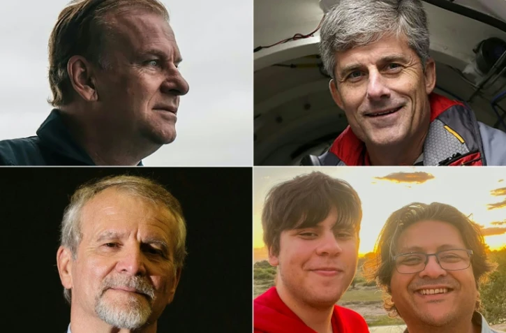 Les passagers du Titan (g-d, de haut en bas) l'homme d'affaires britannique Hamish Harding, le fondateur d'OceanGate Stockton Rush, le spécialiste français du Titanic Paul-Henri Nargeolet, le magnat pakistano-britannique Shahzada Dawood et son fils Suleman