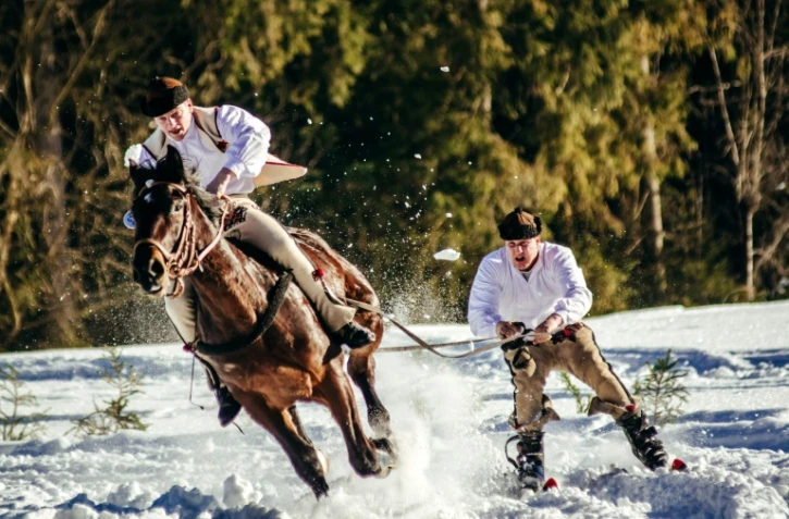 Ski joëring le 29 janvier 2017 à Lichajowki près de Zakopane en Pologne