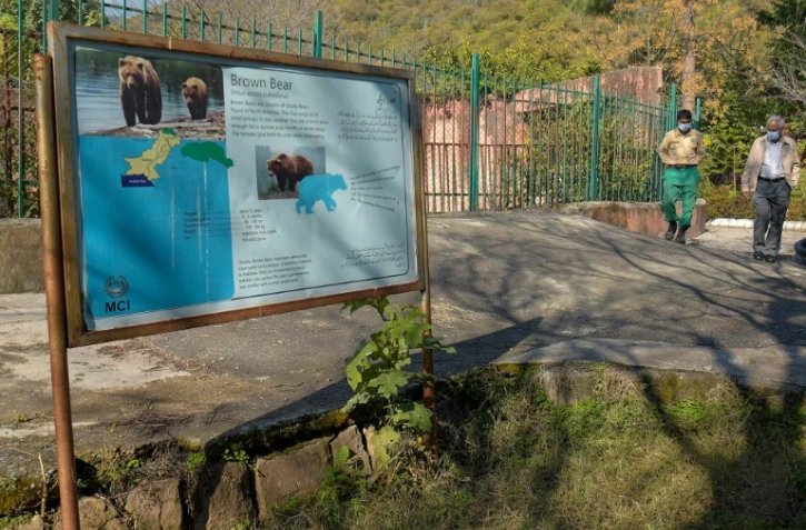 Un panneau d'informations près de la cage aux ours, au zoo d'Islamabad le 6 janvier 2021