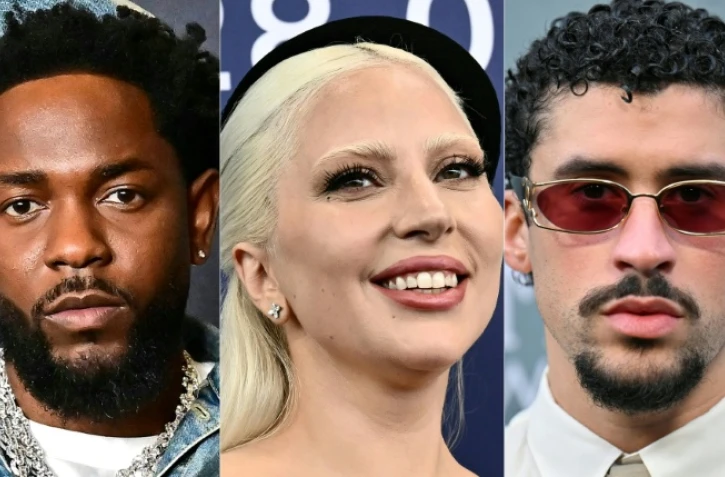 Photomontage des favoris des 68e Grammy Awards, Kendrick Lamar, Lady Gaga et Bad Bunny