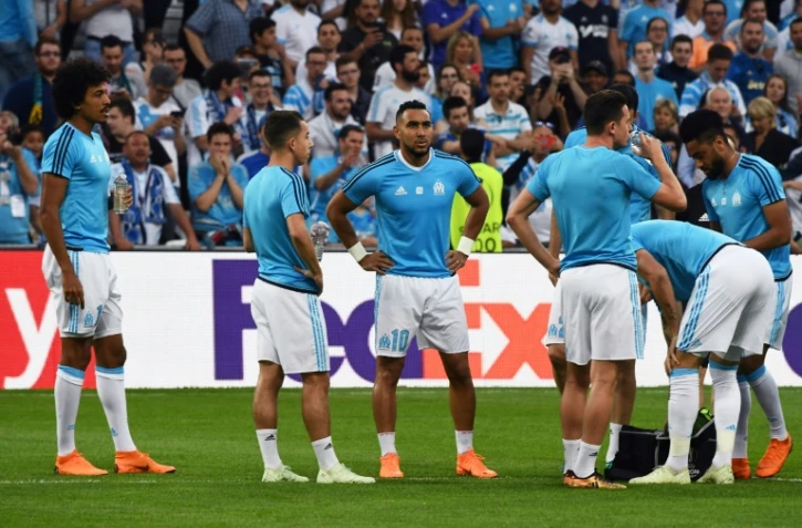 Les Marseillais à l'échauffement avant d'affronter le FC Salzbourg en demi-finale de l'Europa League, le 26 avril 2018 au Vélodrome