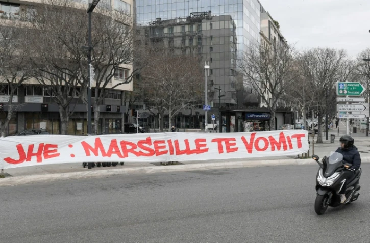 Banderole hostile au président de l'OM Jacques-Henri Eyraud, quelques heures avant le match contre Rennes, le 30 janvier 2021 à Marseille