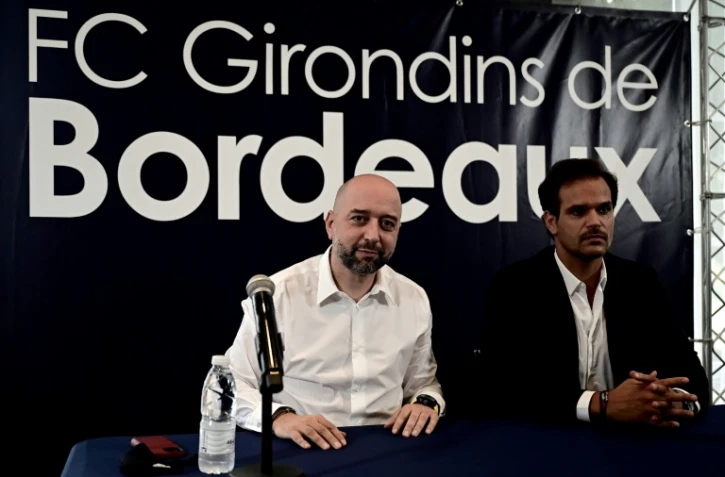 Le président de Bordeaux Gerard Lopez et son directeur sportif Admar Lopes lors d'un point presse au Haillan, le 23 juillet 2021