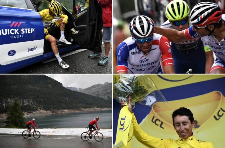 Photos prises lors de la 19e étape du Tour de France entre Saint-Jean-de-Maurienne et Tignes montrant les Français Julian Alaphilippe (haut g.), Thibaut Pinot (haut d.) réconforté par William Bonnet, et le Colombien Egan Bernal (bas d.), le 26 juillet 2019