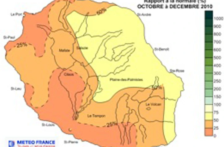 Carte des précipitations sur l'île d'octobre à décembre 2010 (Météo France)