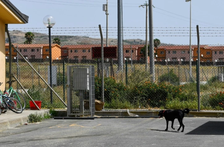 Un chien devant les barbelés d'un centre pour migrants à Mineo en Italie le 8 juillet 2019
