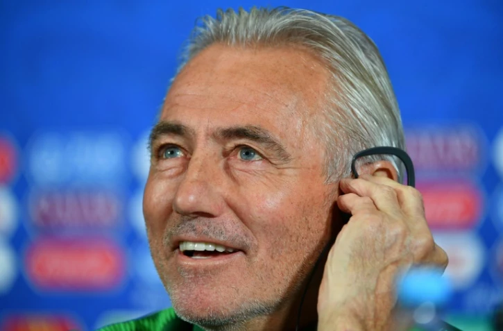 Le sélectionneur de l'Australie Bert van Marwijk en conférence de presse le 15 juin 2018 à Kazan