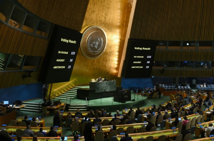 Vote à l'Assemblée générale des Nations unies sur un "cessez-le-feu humanitaire immédiat" dans la bande de Gaza, le 12 décembre 2023 au siège de l'ONU à New York