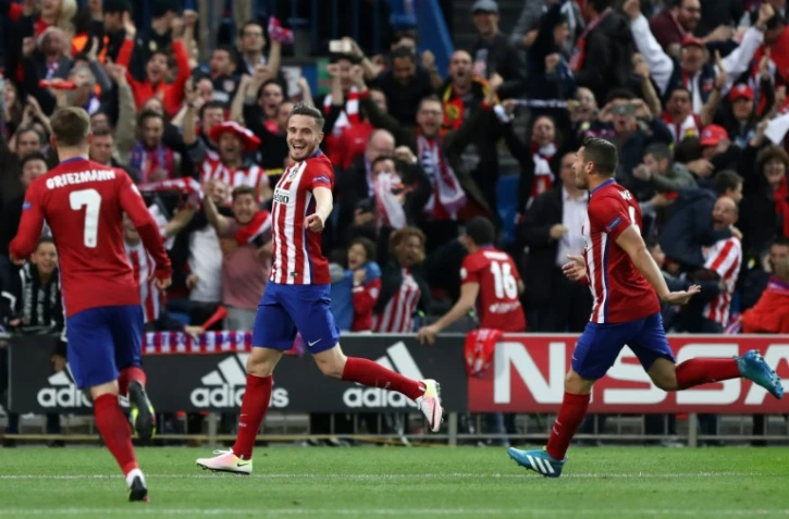 Saul Niguez (c), buteur pour l'Atletico Madrid contre le Bayern Munich en Ligue des champions à Vicente-Calderon, le 27 avril 2016