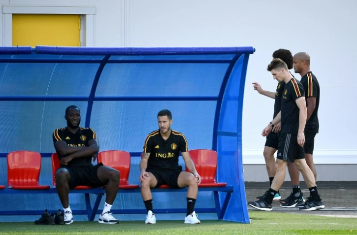 Romelu Lukaku, Eden Hazard, Thomas Meunier, Vincent Kompany et Axel Witsel en marge de l'entraînement collectif des Diables Rouges à Dedovsk, le 8 juillet 2018