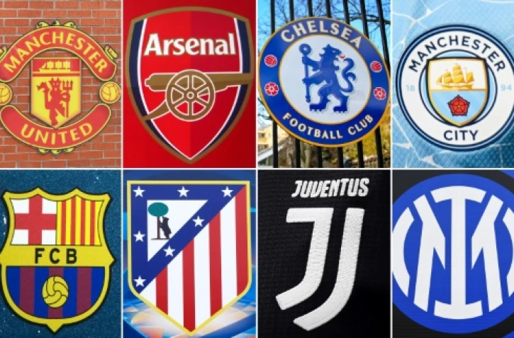 Combophoto des 12 clubs fondateurs de l'éphémère Super Ligue: Liverpool, Manchester United, Arsenal, Chelsea, Manchester City, Tottenham, Real Madrid, Barcelone, Atletico Madrid, Juventus Turin, Inter Milan et l'AC Milan, réalisé le 19 avril 202