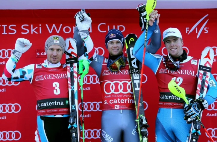 Le podium du combiné de Santa Caterina dominé par Alexis Pinturault (c), devant Marcel Hirscher (g) et Aleksander Aamodt Kilde, le 29 décembre 2016