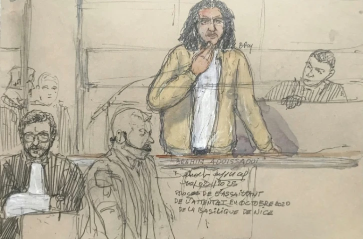 Croquis d'audience réalisé le 10 février 2025 montrant Brahim Aouissaoui lors de son procès à Paris