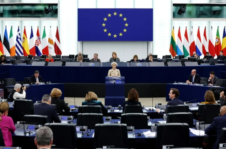 La présidente de la Commission européenne Ursula von der Leyen lors d'une plénière du Parlement européen à Strasbourg, le 28 février 2024