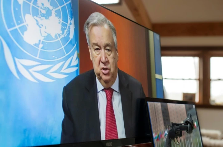 Photo du secrétaire général des Nations Unies, Antonio Guterres, lors d'une conférence de presse par vidéo le 3 avril 2020.