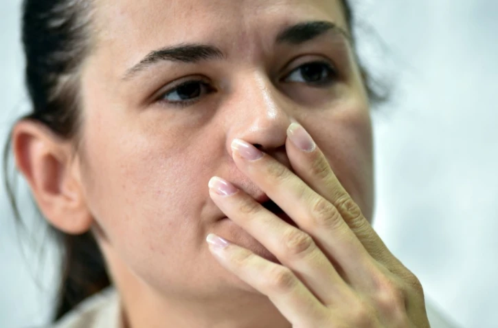 La candidate belarusse à la présidentielle Svetlana Tikhanovskaïa lors d'une conférence de presse au lendemain des élections, à Minsk le 10 août 2020