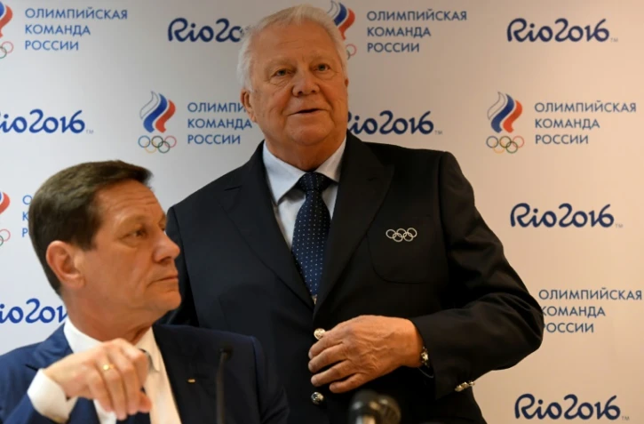 Le patron du Comité olympique russe Alexandre Joukov et Vitali Smirnov, membre du CIO, lors d'un point presse à Rio de Janeiro, le 4 août 2016