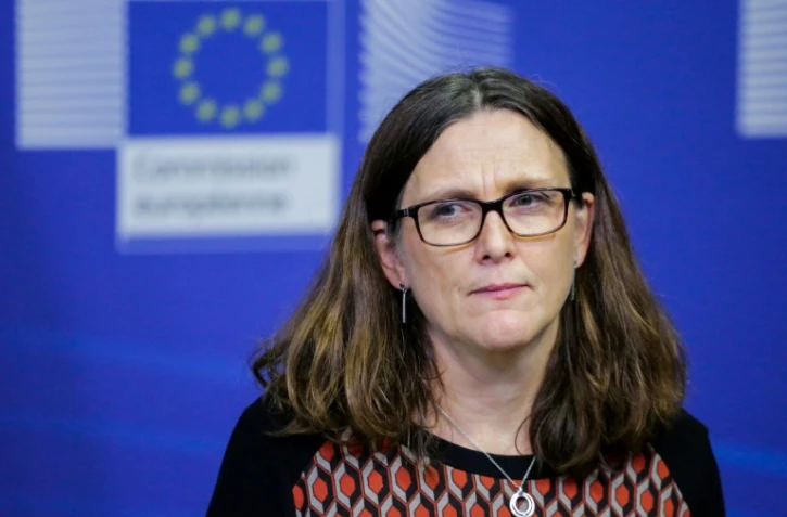 La commissaire européenne au Commerce, Cecilia Malmström, lors d'une conférence de presse à la Commission européenne à Bruxelles, le 21 décembre 2017