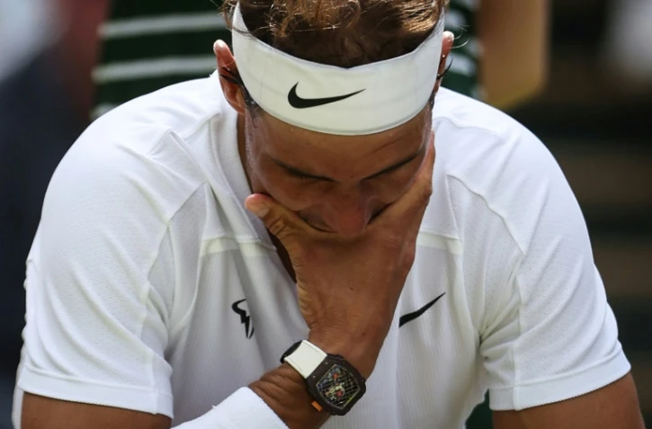 L'Espagnol Rafael Nadal pendant son quart de finale de Wimbledon contre l'Américain Tayor Fritz le 6 juillet 2022 à Londres
