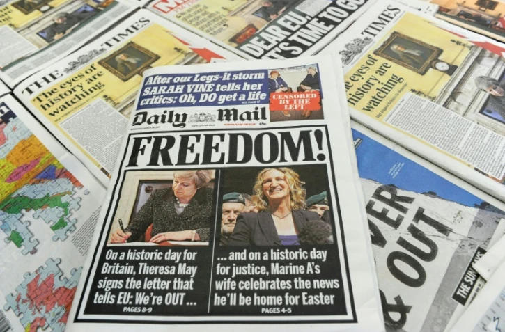 Unes de journaux britanniques, le 29 mars 2017 à Londres, à l'occasion du lancement de la procédure de sortie de l'Union européenne