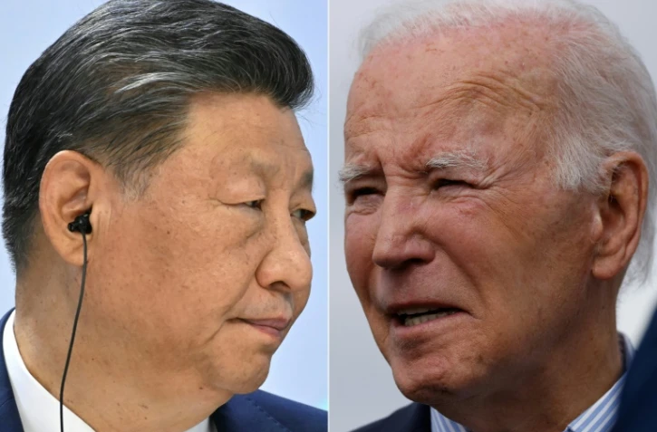 Combo des présidents américain Joe Biden, à l'aéroport d'Avoca en Pennsylvanie le 2 novembre 2024, et chinois Xi Jinping au sommet des Brics à Kazan le 23 octobre 2024