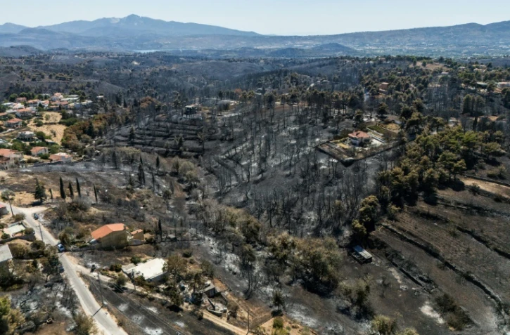 Vue aérienne de zones calcinées après un incendie de forêt à Varnavas, près d'Athènes, le 14 août 2024 en Grèce