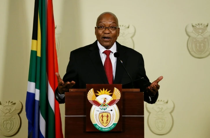 Le président sud-africain Jacob Zuma, annonçant sa démission au cours d'une conférence de presse le 14 février 2018 à Pretoria.