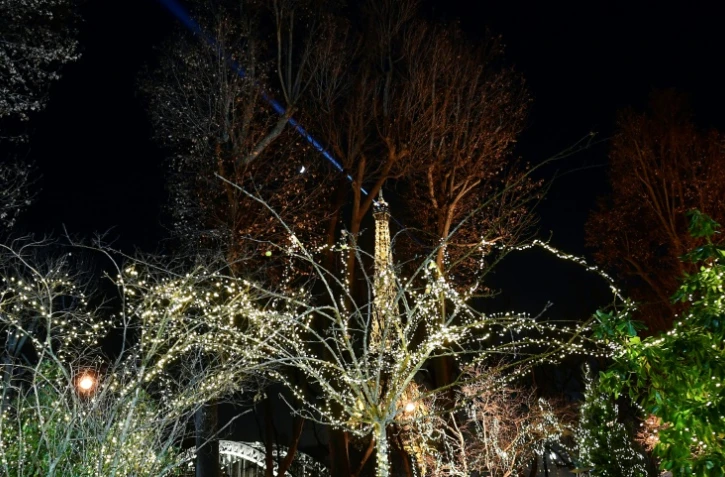 La tour Eiffel vue à travers des arbres décorés pour Noël, le 5 décembre 2016 à Paris